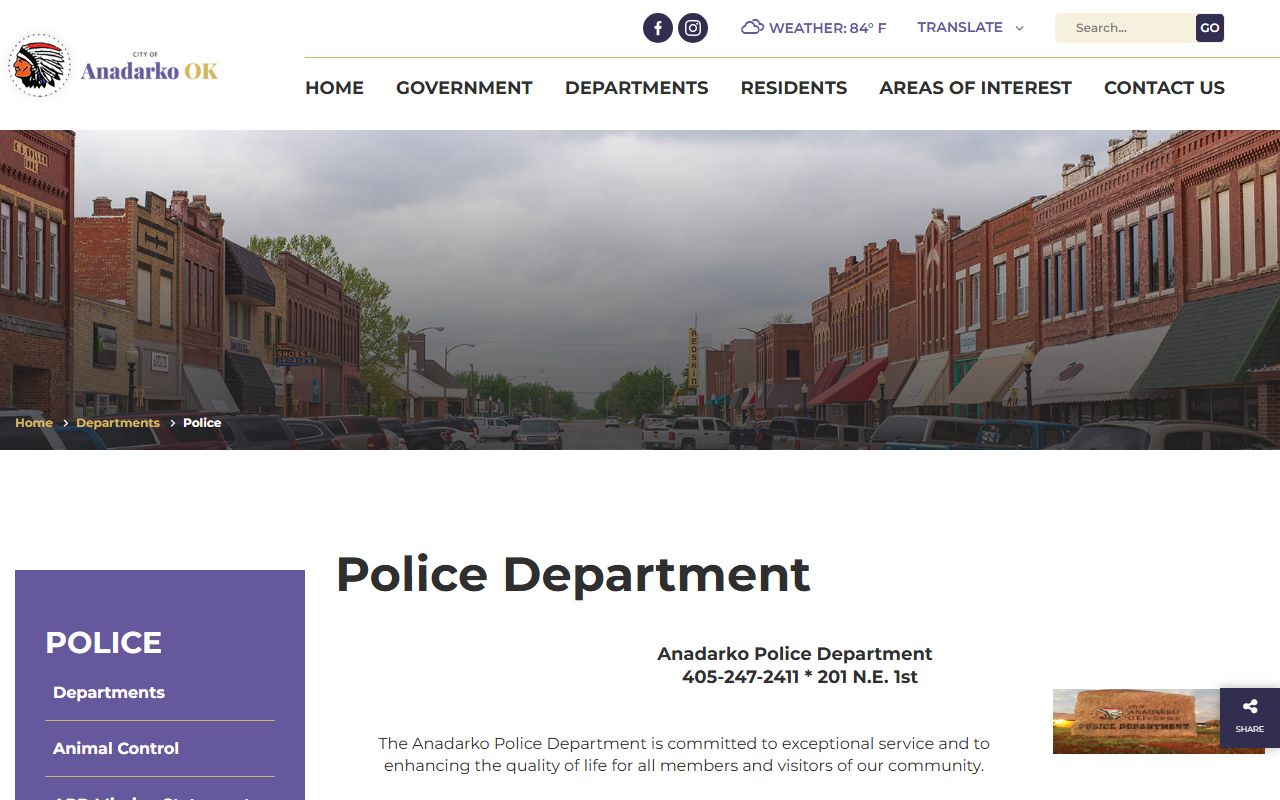 Anadarko Police Department page, an arresting agency behind Caddo County charge records
