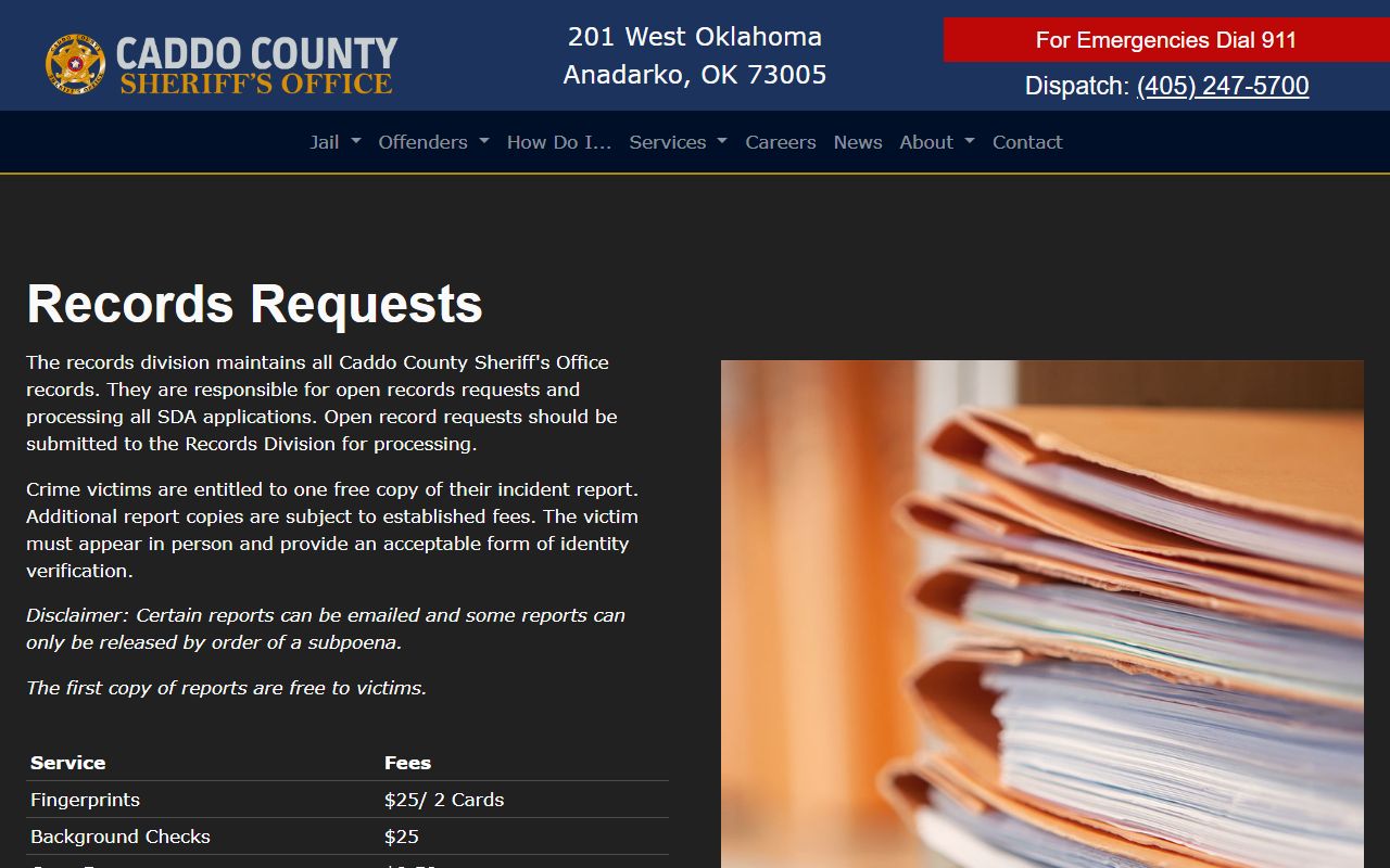 Caddo County Sheriff's Office records page for arrest and booking report requests