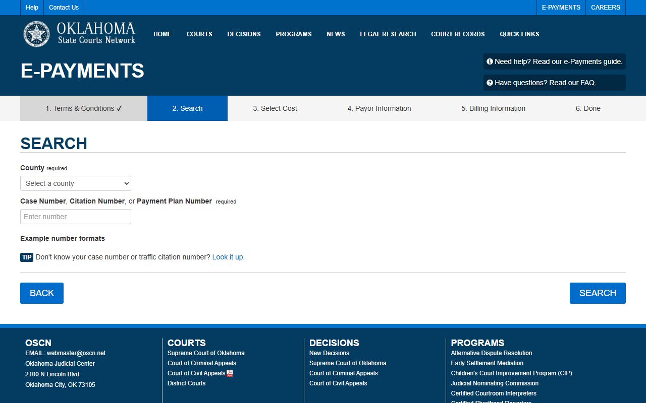 OSCN e-payments page for paying balances tied to Caddo County court dockets