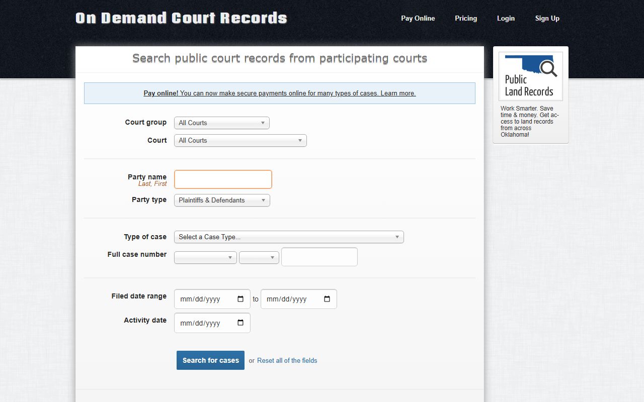 ODCR portal for a Caddo County court records search