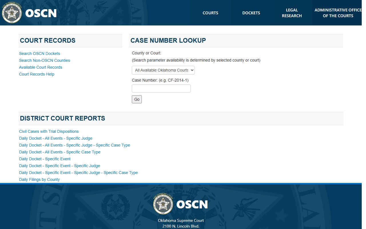 OSCN portal used to search Caddo County court records online