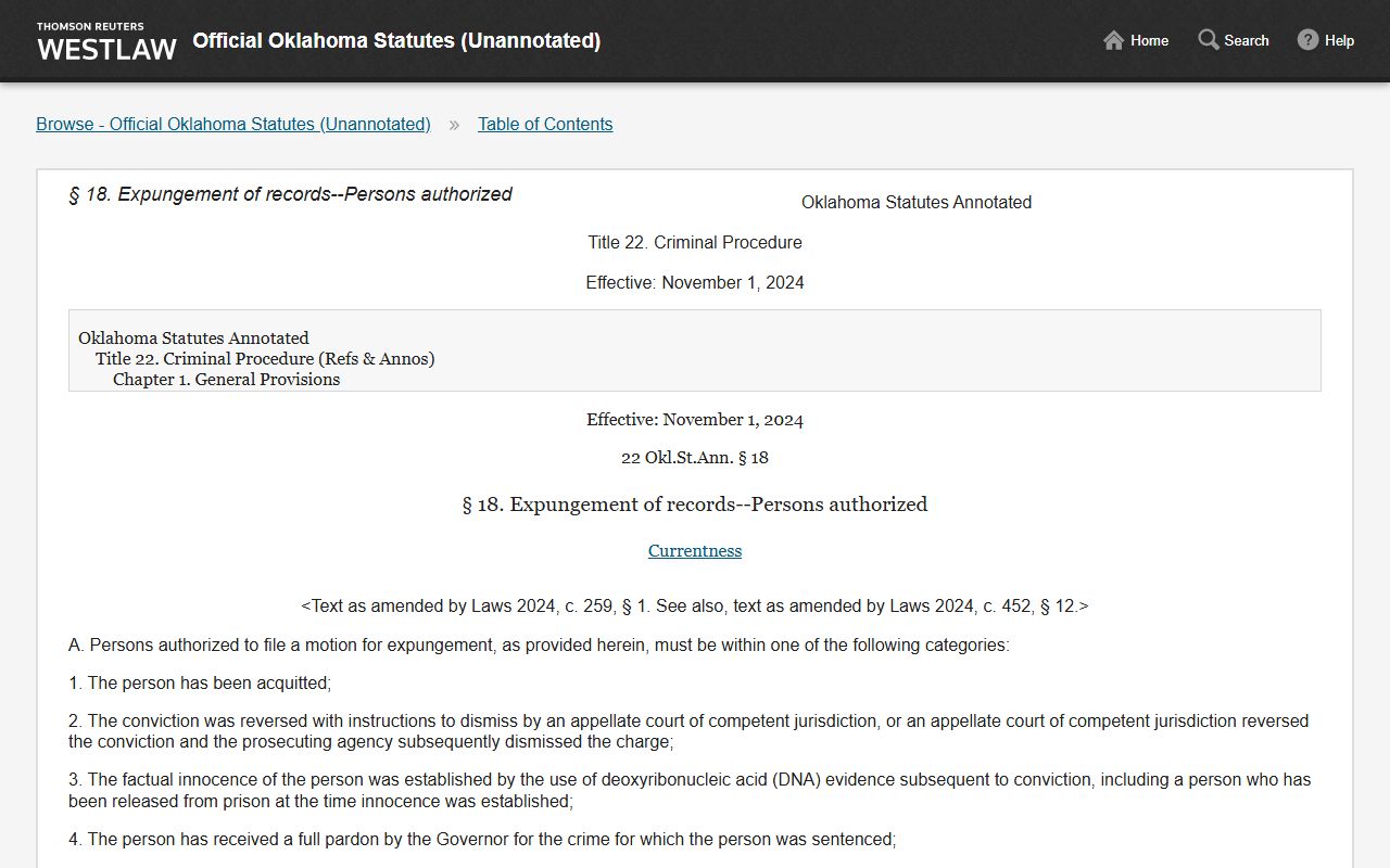 Caddo County criminal court records expungement statute reference