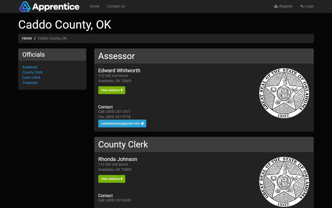 Caddo County official listing for the court clerk and county records offices