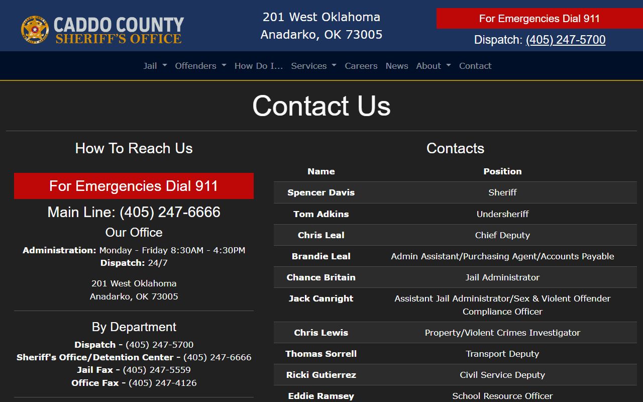 Caddo County Sheriff contact page with jail and dispatch numbers for records