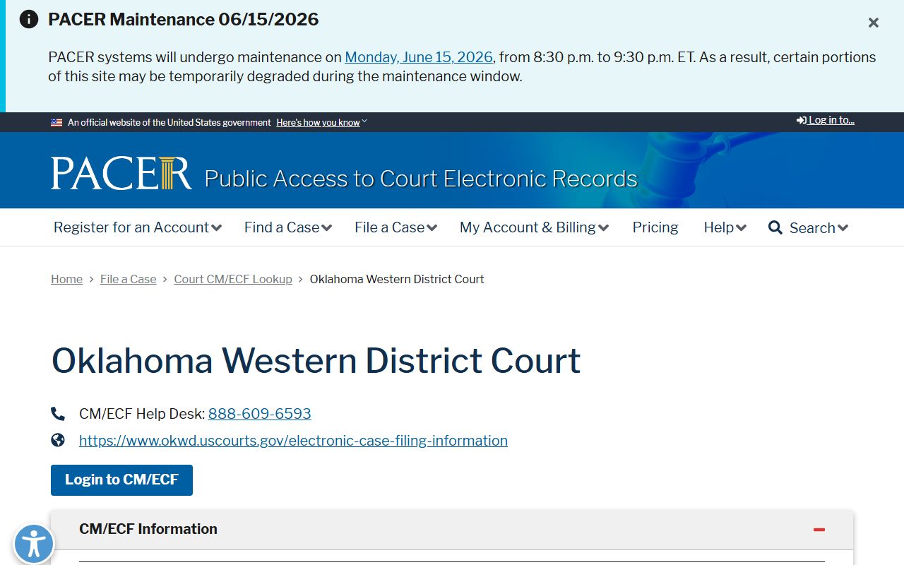 PACER CM/ECF lookup for federal cases separate from Caddo County probate records
