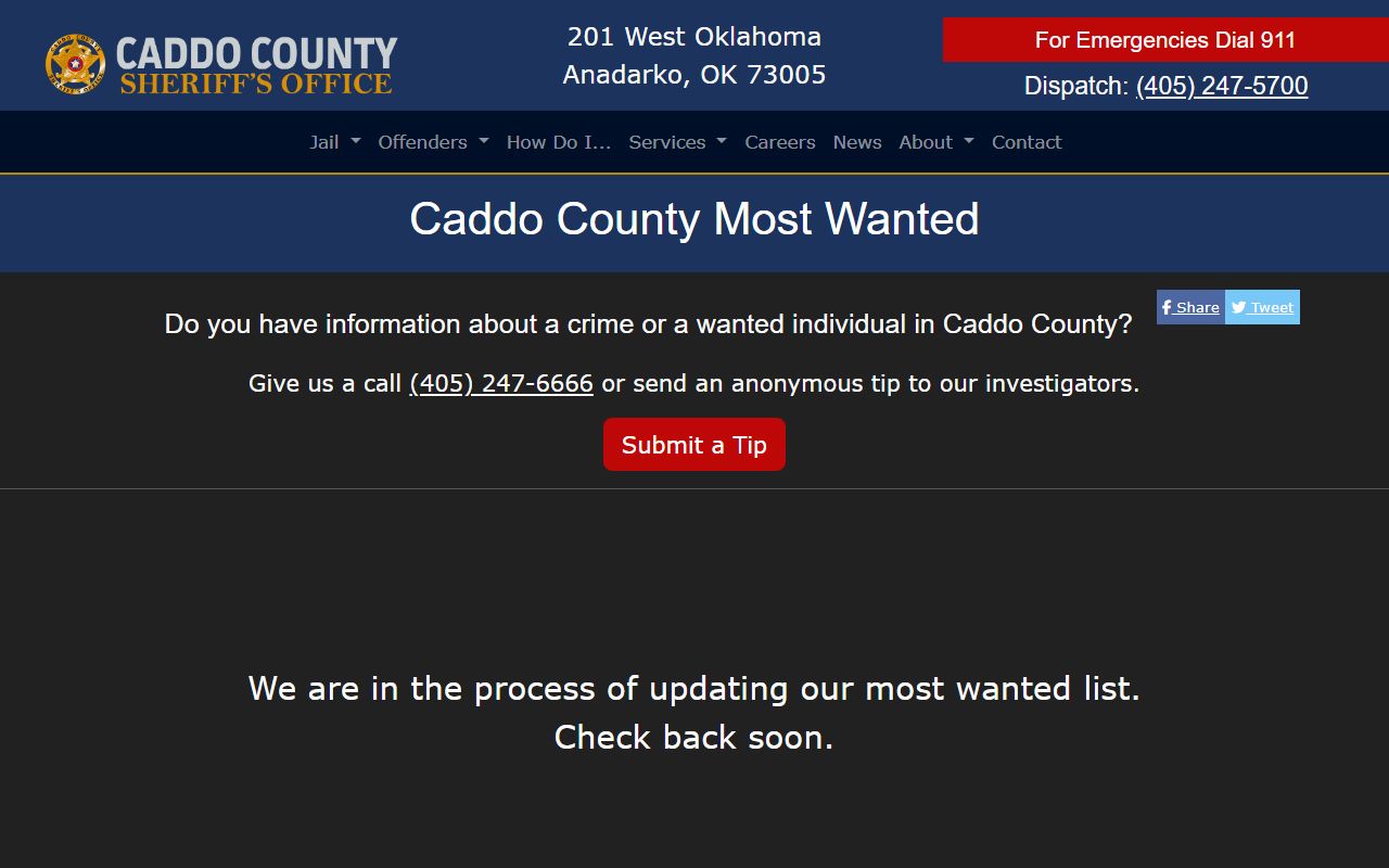 Caddo County Sheriff most wanted page used for warrant and wanted-person records