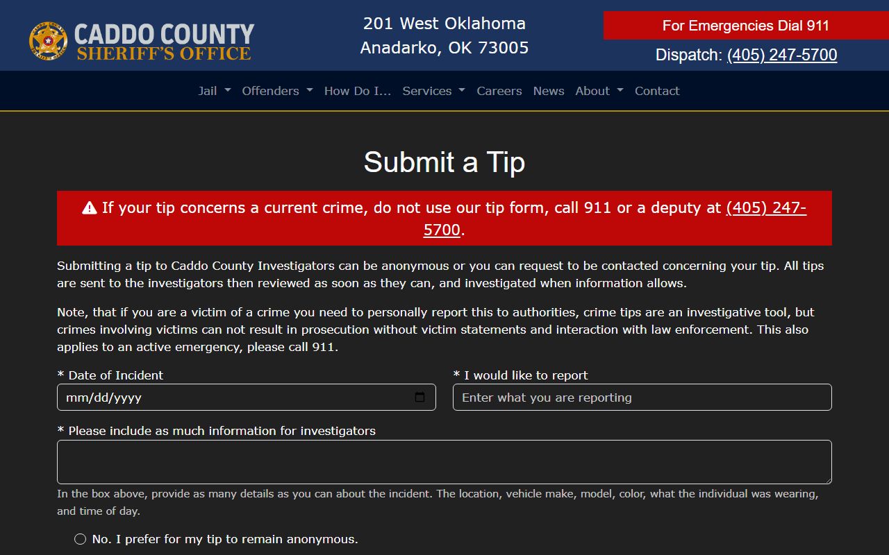 Caddo County Sheriff submit a crime tip form for warrant and wanted-person records